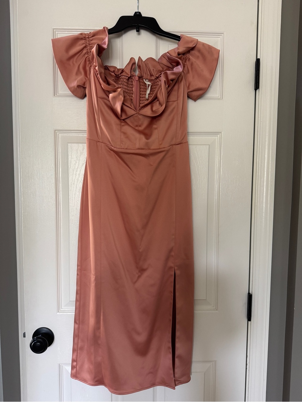 Anthropologie Satin Ruffle Midi Dress in Terra Cotta